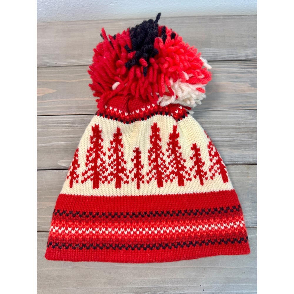Vintage Nordic Knit Beanie Hat Red Cream Winter Fair Isle Pine Tree Pom Pom Cozy
